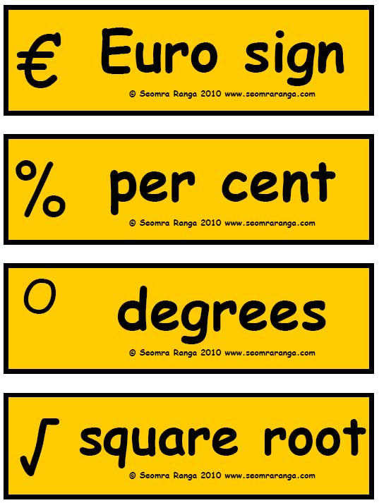  maths area in the classroom explaining common maths signs and symbols